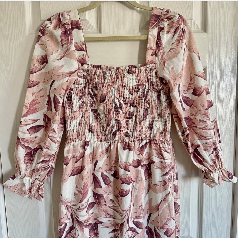 House of Harlow 1960 Linen Blend Midi Dress Pink White Palm Print Size Medium - Picture 12 of 14